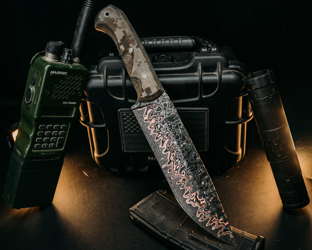 One Off Bowie-Adam Deville Damascus- Navy S.E.A.L AOR1 Cammie Micarta, Pins, Grip