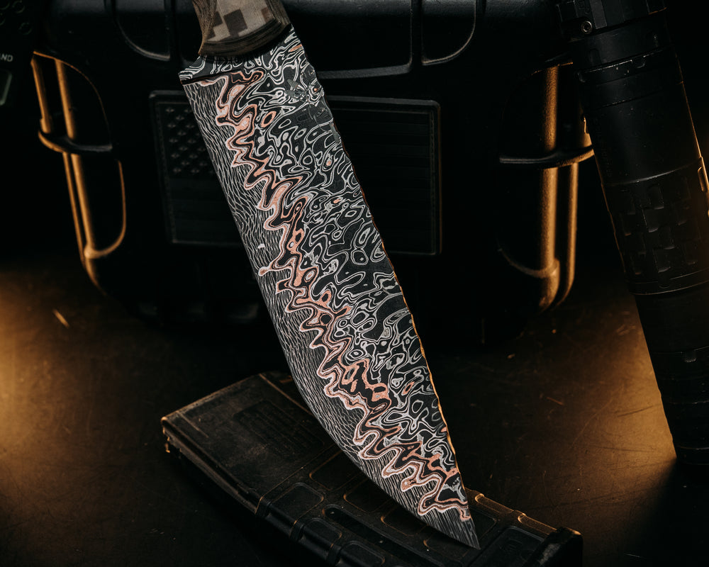 One Off Bowie-Adam Deville Damascus- Navy S.E.A.L AOR1 Cammie Micarta, Pins, Grip