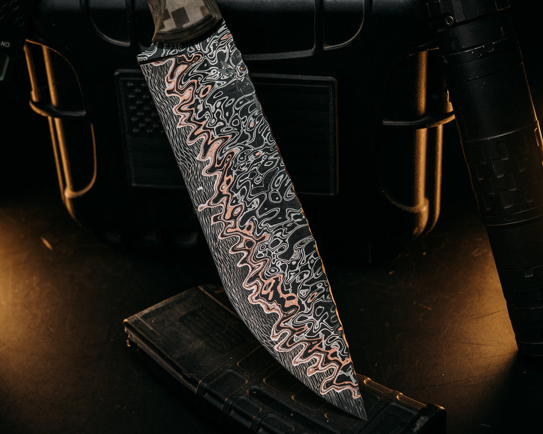 One Off Bowie-Adam Deville Damascus- Navy S.E.A.L AOR1 Cammie Micarta, Pins, Grip