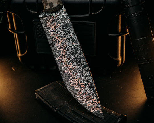 One Off Bowie-Adam Deville Damascus- Navy S.E.A.L AOR1 Cammie Micarta, Pins, Grip