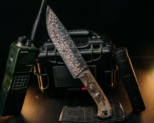 One Off Bowie-Adam Deville Damascus- Navy S.E.A.L AOR1 Cammie Micarta, Pins, Grip
