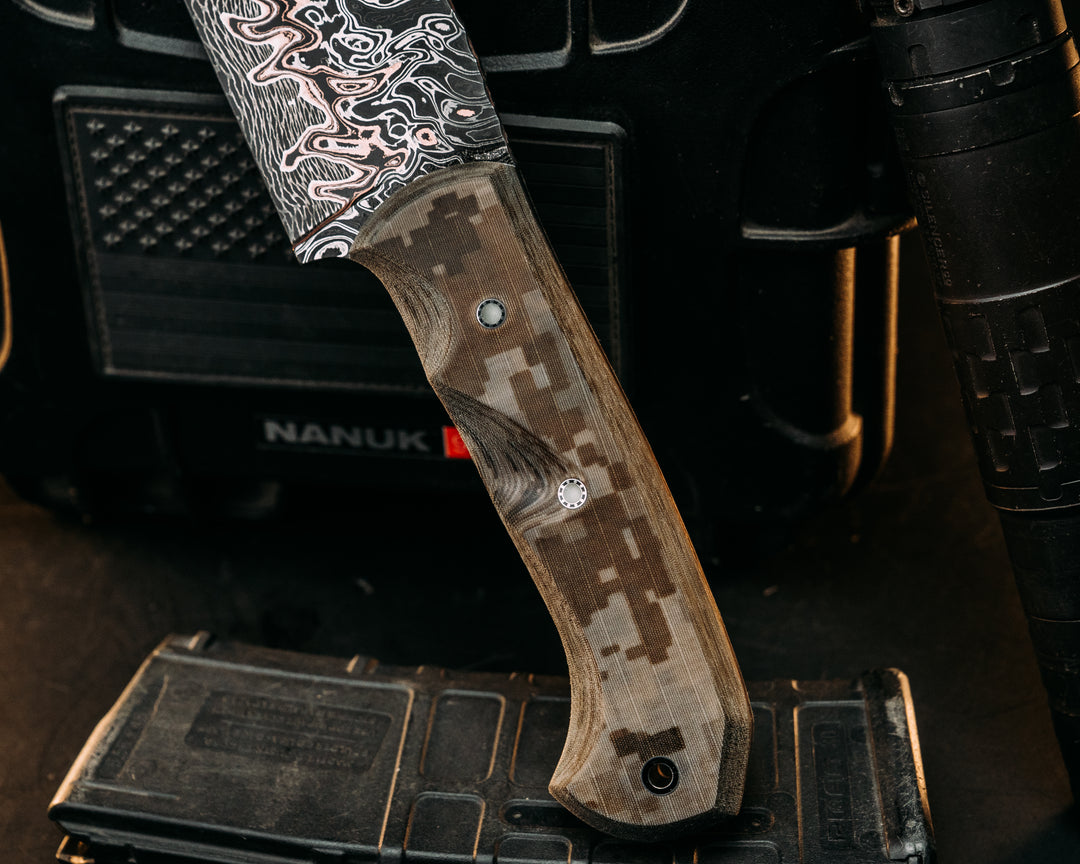 One Off Bowie-Adam Deville Damascus- Navy S.E.A.L AOR1 Cammie Micarta, Pins, Grip