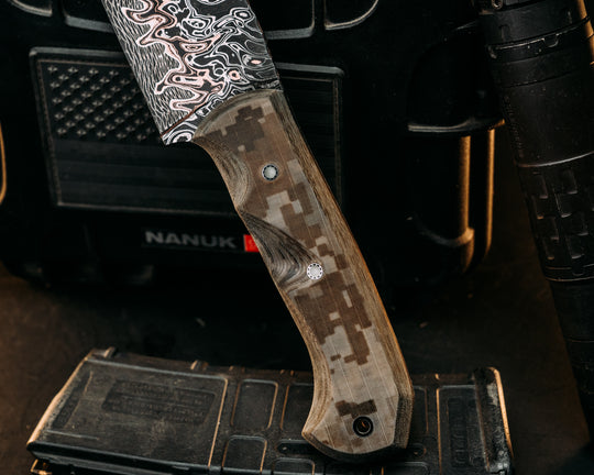 One Off Bowie-Adam Deville Damascus- Navy S.E.A.L AOR1 Cammie Micarta, Pins, Grip