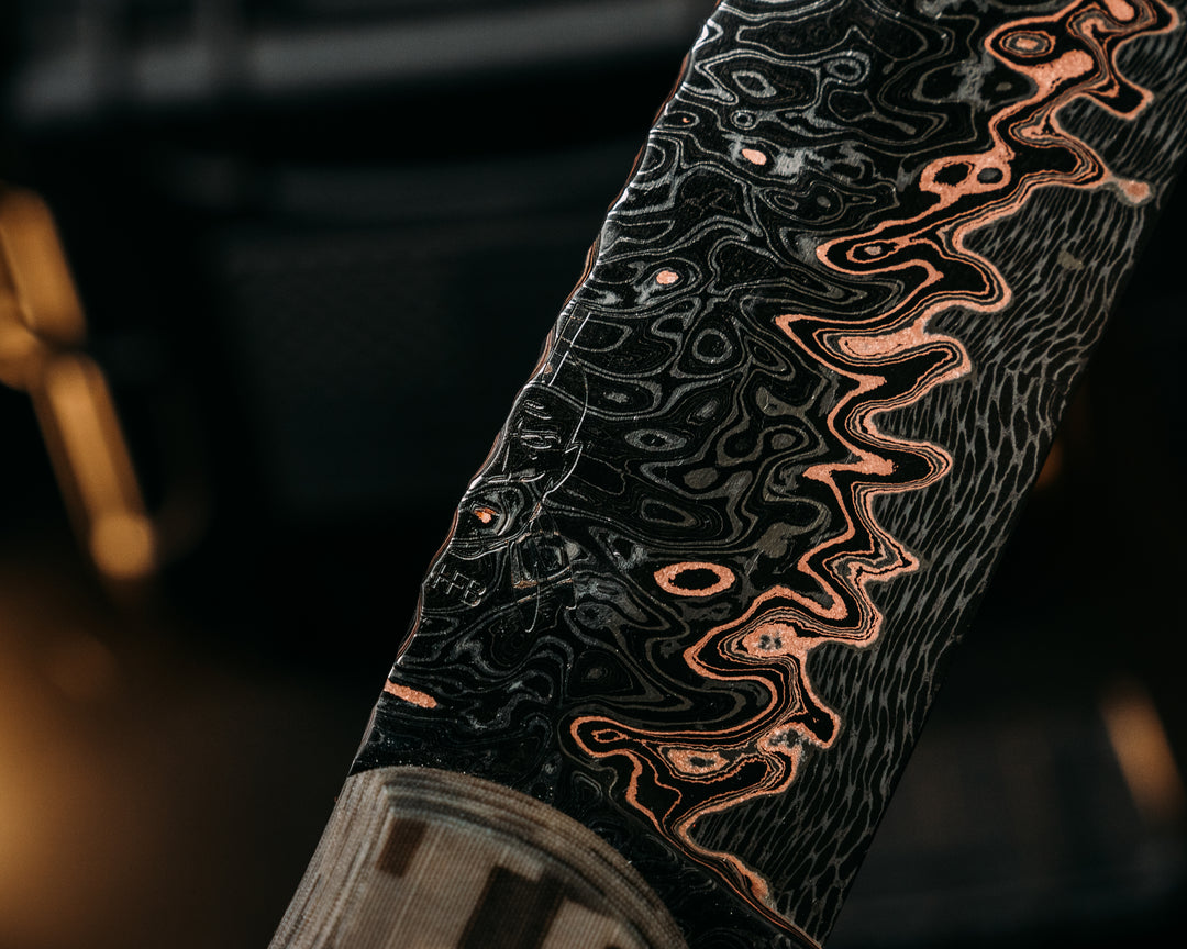 One Off Bowie-Adam Deville Damascus- Navy S.E.A.L AOR1 Cammie Micarta, Pins, Grip