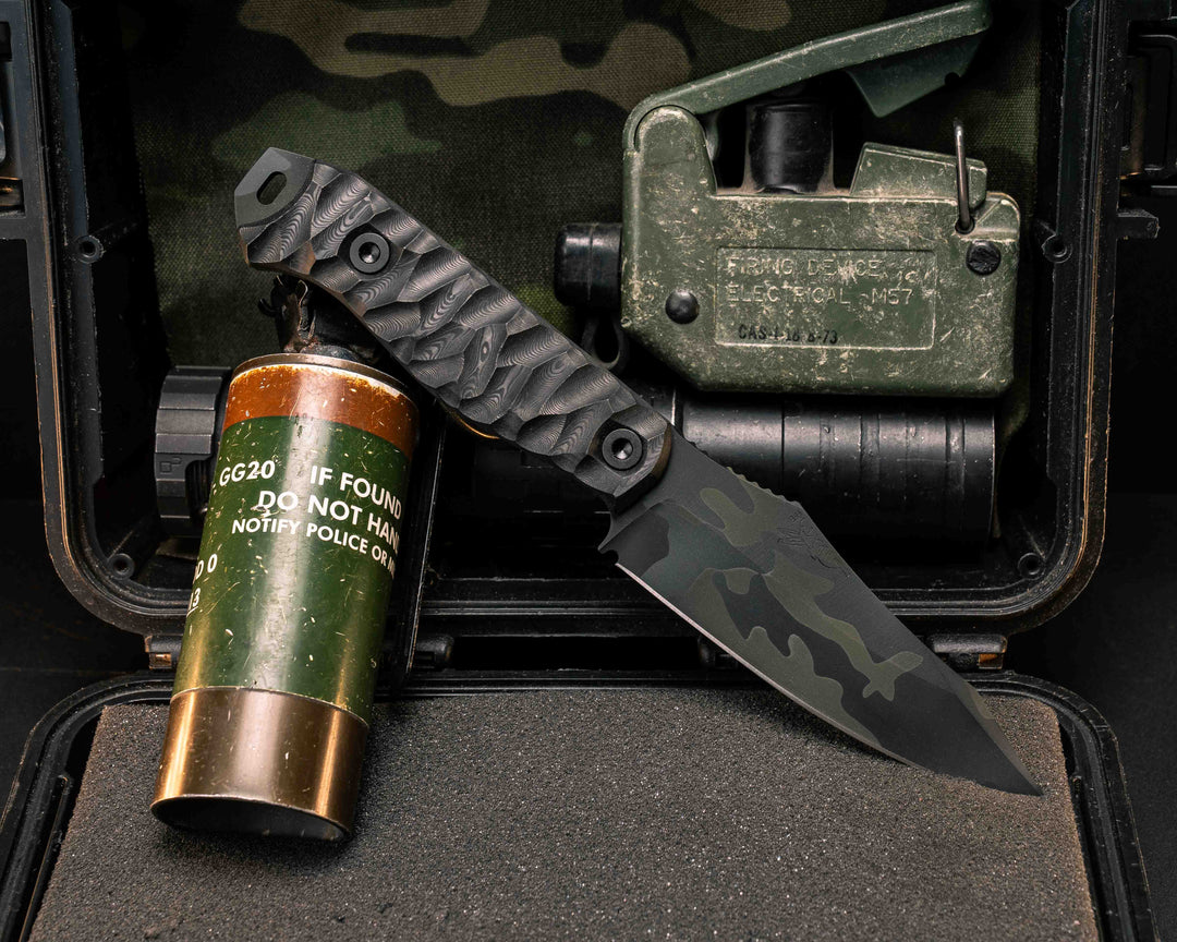 Field Knife- Black Dunes Carbon, Black Multicam Cerakote, Allen Bolts, Textured Grip