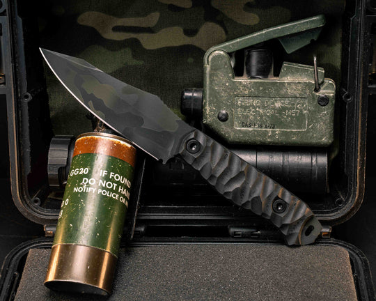 Field Knife- Black Dunes Carbon, Black Multicam Cerakote, Allen Bolts, Textured Grip