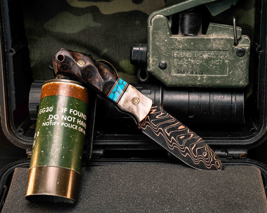 Disaster Cub- Baker Forge Fury Chevron Copper-Mai- Elk Antler, Black G10 and Copper Pin Striping, Turquoise with Copper Matrix Tru-stone Split, Redwood Burl, Mosaic Pins, Copper Lanyard Pin, Textured Grip