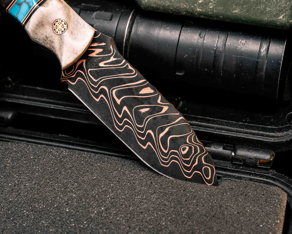 Disaster Cub- Baker Forge Fury Chevron Copper-Mai- Elk Antler, Black G10 and Copper Pin Striping, Turquoise with Copper Matrix Tru-stone Split, Redwood Burl, Mosaic Pins, Copper Lanyard Pin, Textured Grip