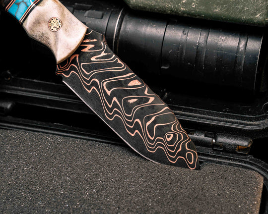 Disaster Cub- Baker Forge Fury Chevron Copper-Mai- Elk Antler, Black G10 and Copper Pin Striping, Turquoise with Copper Matrix Tru-stone Split, Redwood Burl, Mosaic Pins, Copper Lanyard Pin, Textured Grip