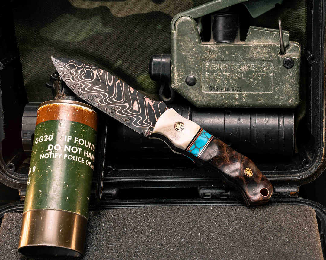 Disaster Cub- Baker Forge Fury Chevron Copper-Mai- Elk Antler, Black G10 and Copper Pin Striping, Turquoise with Copper Matrix Tru-stone Split, Redwood Burl, Mosaic Pins, Copper Lanyard Pin, Textured Grip