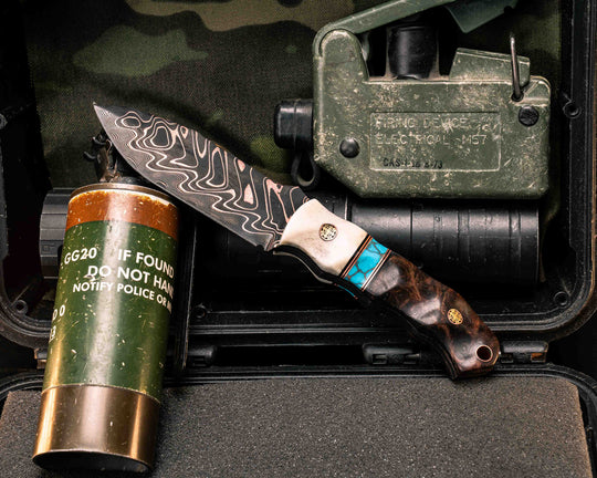 Disaster Cub- Baker Forge Fury Chevron Copper-Mai- Elk Antler, Black G10 and Copper Pin Striping, Turquoise with Copper Matrix Tru-stone Split, Redwood Burl, Mosaic Pins, Copper Lanyard Pin, Textured Grip