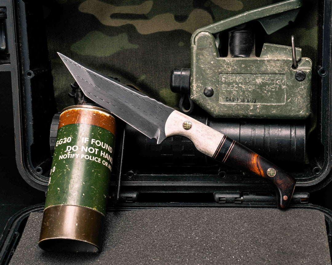 SHAW SHIV x HFB - Vegas Forge Herringbone Damascus- Elk Antler, Black G10, Copper and Black Canvas Micarta Split, Desert Ironwood, Mosaic Pins, 1/8" Copper Pin, Smooth Grip
