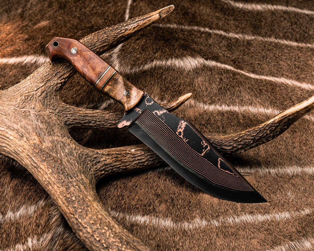 Bowie Jr- Baker Forge Copper-Mai Ni-shim Wavy- Buckeye, Natural Canvas Micara, Black G10 and Brass Pin Striping, Natural Canvas Micarta Split, Afzelia Burl, Mosaic Pins, Brass Lanyard Pin, Textured Grip