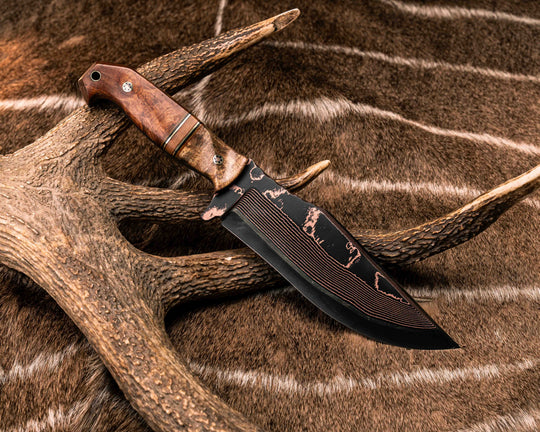 Bowie Jr- Baker Forge Copper-Mai Ni-shim Wavy- Buckeye, Natural Canvas Micara, Black G10 and Brass Pin Striping, Natural Canvas Micarta Split, Afzelia Burl, Mosaic Pins, Brass Lanyard Pin, Textured Grip