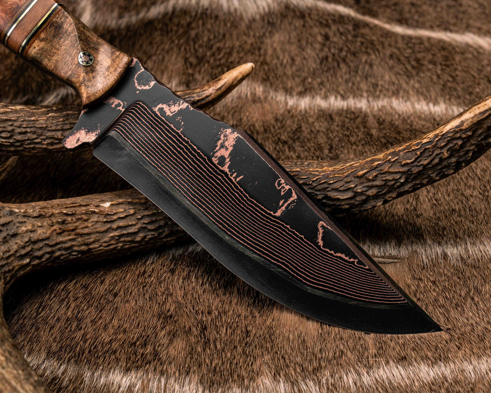 Bowie Jr- Baker Forge Copper-Mai Ni-shim Wavy- Buckeye, Natural Canvas Micara, Black G10 and Brass Pin Striping, Natural Canvas Micarta Split, Afzelia Burl, Mosaic Pins, Brass Lanyard Pin, Textured Grip