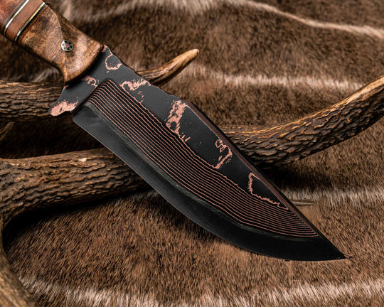 Bowie Jr- Baker Forge Copper-Mai Ni-shim Wavy- Buckeye, Natural Canvas Micara, Black G10 and Brass Pin Striping, Natural Canvas Micarta Split, Afzelia Burl, Mosaic Pins, Brass Lanyard Pin, Textured Grip