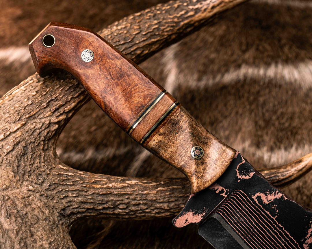 Bowie Jr- Baker Forge Copper-Mai Ni-shim Wavy- Buckeye, Natural Canvas Micara, Black G10 and Brass Pin Striping, Natural Canvas Micarta Split, Afzelia Burl, Mosaic Pins, Brass Lanyard Pin, Textured Grip