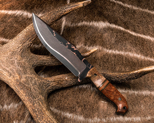 Bowie Jr- Baker Forge Copper-Mai Ni-shim Wavy- Buckeye, Natural Canvas Micara, Black G10 and Brass Pin Striping, Natural Canvas Micarta Split, Afzelia Burl, Mosaic Pins, Brass Lanyard Pin, Textured Grip