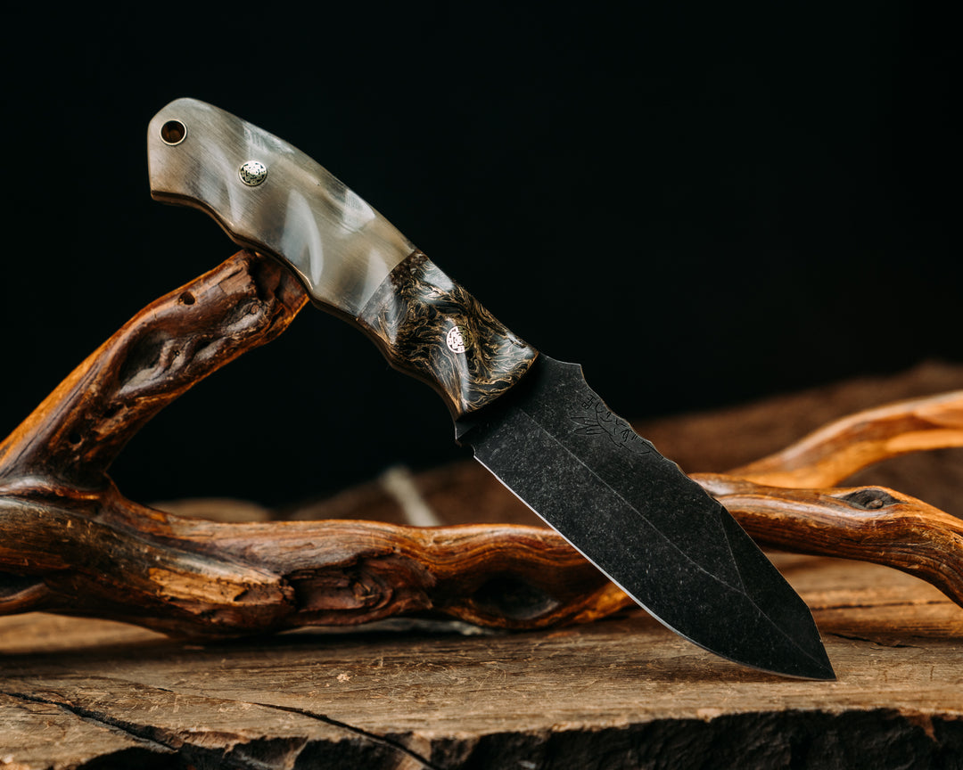 Disaster Jr- Gold Dark Matter Carbon,Dinosaur Bone Split,  Ram's Horn, Brass Mosaic Pins, Textured Grip