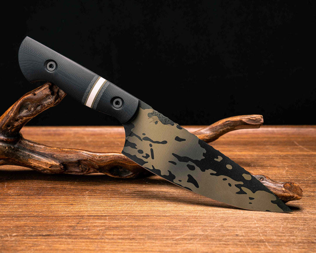 Chef Jr- Black G10, Black Canvas Micarta, OD Green G10 and White G10 Split, Black Multicam Cerakote, Allen Bolts, Smooth Grip