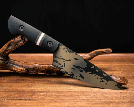 Chef Jr- Black G10, Black Canvas Micarta, OD Green G10 and White G10 Split, Black Multicam Cerakote, Allen Bolts, Smooth Grip