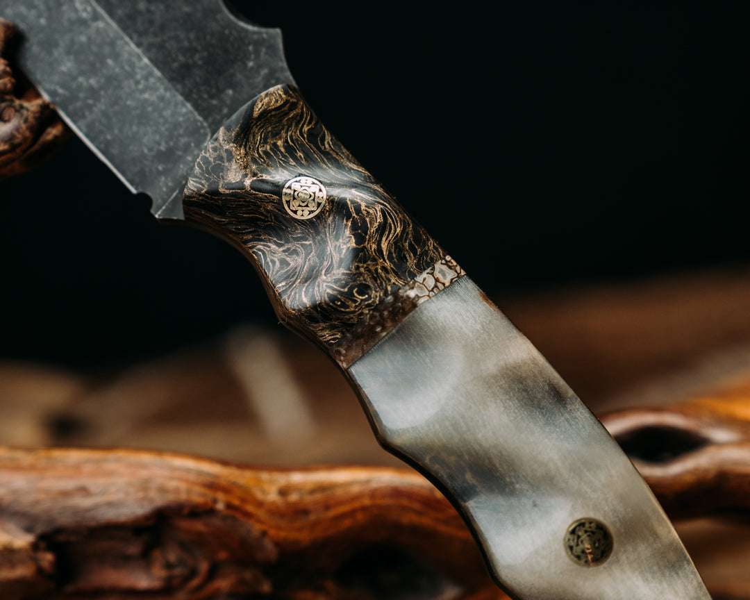Disaster Jr- Gold Dark Matter Carbon,Dinosaur Bone Split,  Ram's Horn, Brass Mosaic Pins, Textured Grip