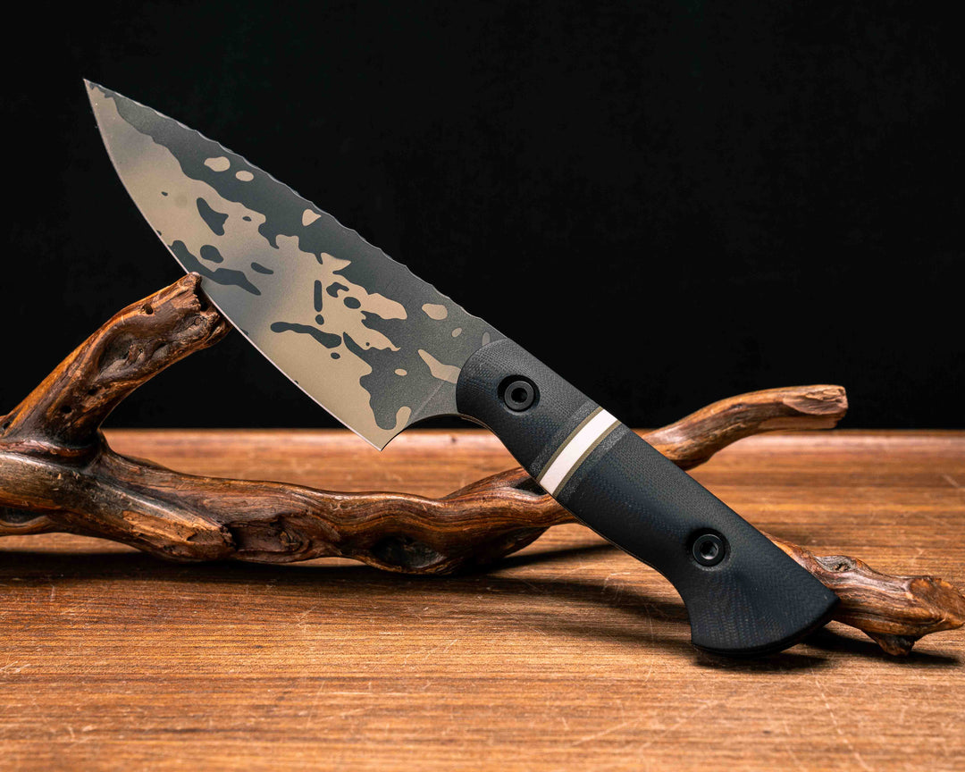 Chef Jr- Black G10, Black Canvas Micarta, OD Green G10 and White G10 Split, Black Multicam Cerakote, Allen Bolts, Smooth Grip