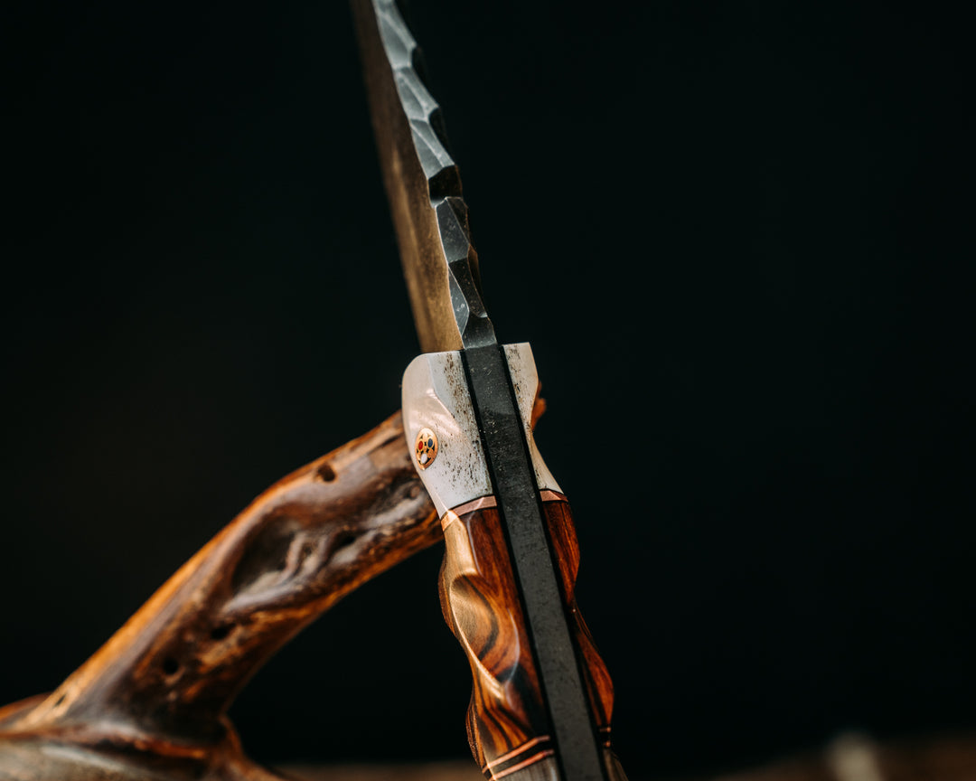 Notched Field Knife- Elk Antler, Copper and Black G10 Pin Striping, Desert Ironwood Split, Navy Seal AOR1 Cammie Micarta, Copper Patriot Mosaic Pins, Textured Grip