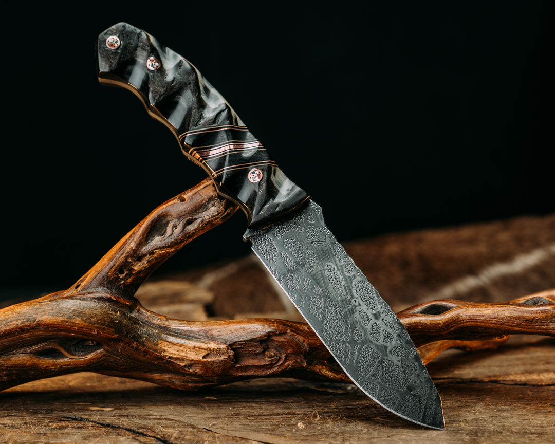 Disaster Breacher- Ram's Horn, Black G10, Coyote G10 and Copper Pin Striping, Black Canvas Micarta Split, Copper Patriot Mosaic Pins, Textured Grip