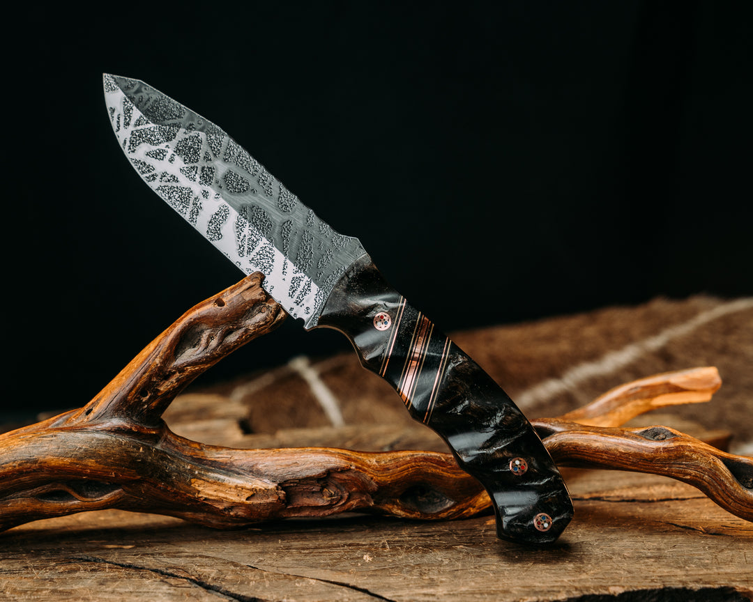 Disaster Breacher- Ram's Horn, Black G10, Coyote G10 and Copper Pin Striping, Black Canvas Micarta Split, Copper Patriot Mosaic Pins, Textured Grip