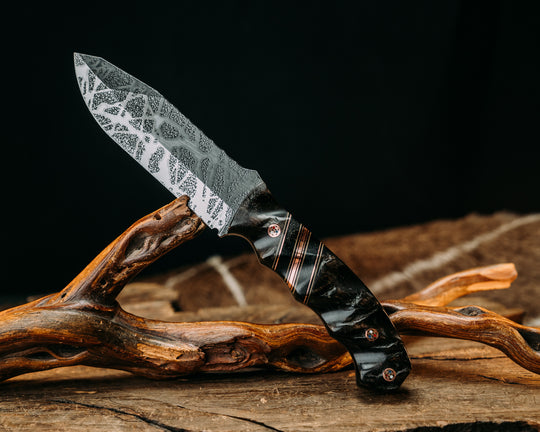 Disaster Breacher- Ram's Horn, Black G10, Coyote G10 and Copper Pin Striping, Black Canvas Micarta Split, Copper Patriot Mosaic Pins, Textured Grip