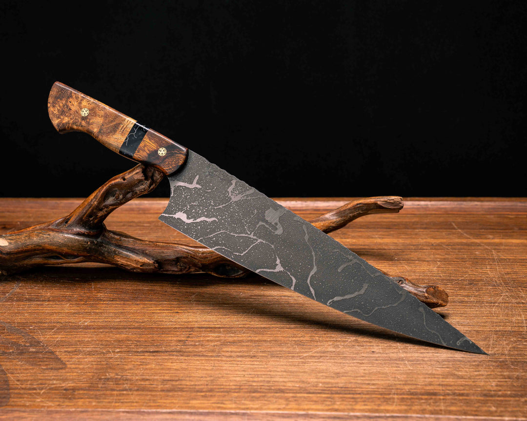 10" Chef Blade- Desert Ironwood, Tru-La-Rue Pearl Resin, Hawaiian Curly Koa, Brass Mosaic Pins, Smooth Grip