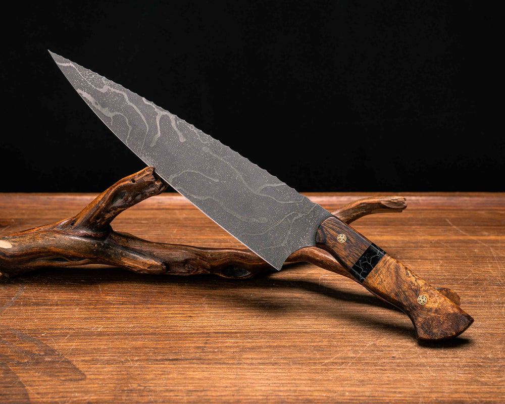 10" Chef Blade- Desert Ironwood, Tru-La-Rue Pearl Resin, Hawaiian Curly Koa, Brass Mosaic Pins, Smooth Grip
