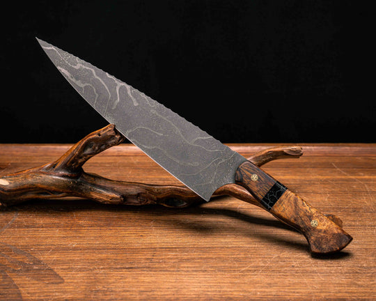 10" Chef Blade- Desert Ironwood, Tru-La-Rue Pearl Resin, Hawaiian Curly Koa, Brass Mosaic Pins, Smooth Grip