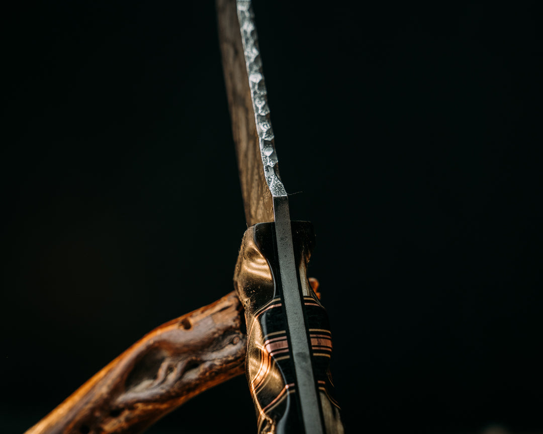 Disaster Breacher- Ram's Horn, Black G10, Coyote G10 and Copper Pin Striping, Black Canvas Micarta Split, Copper Patriot Mosaic Pins, Textured Grip