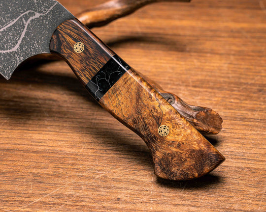 10" Chef Blade- Desert Ironwood, Tru-La-Rue Pearl Resin, Hawaiian Curly Koa, Brass Mosaic Pins, Smooth Grip