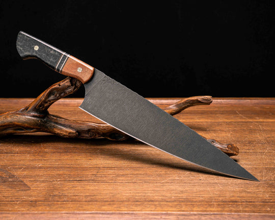 10" Chef Blade- Natural Canvas Micarta, Black G10, Coyote G10 and Copper Pin Striping, Dyed Redwood Split, Dyed Redwood, Mosaic Pins, Smooth Grip