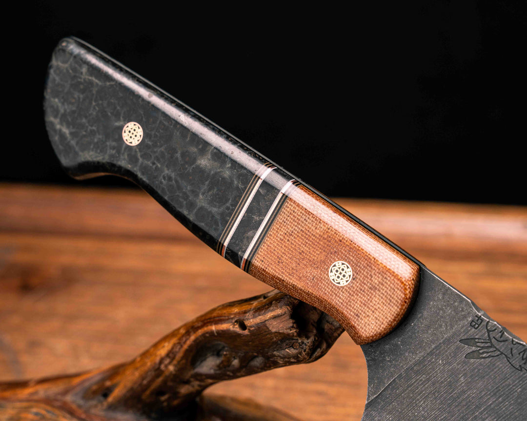 10" Chef Blade- Natural Canvas Micarta, Black G10, Coyote G10 and Copper Pin Striping, Dyed Redwood Split, Dyed Redwood, Mosaic Pins, Smooth Grip