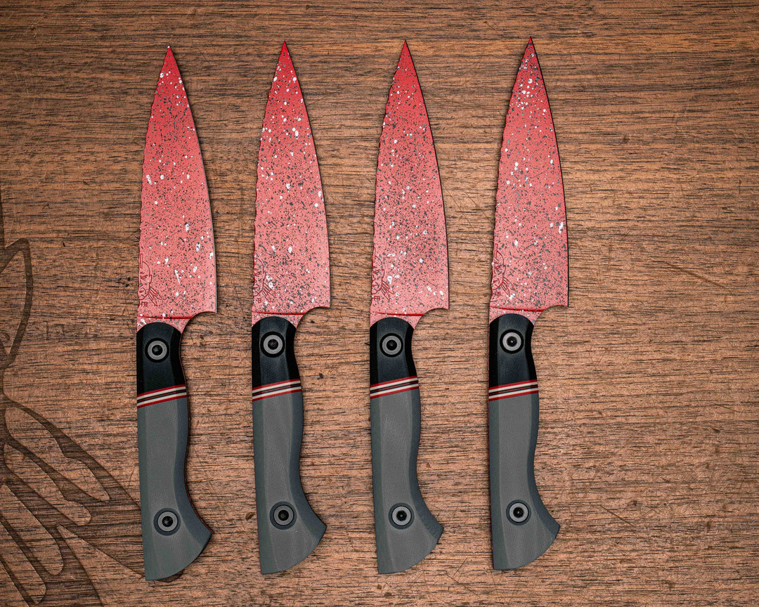 Steak Knife Set (4 piece) - Black G10, Cherry, White and Black G10 Split, Grey G10, Red with Black and White Fleck Cerakote, Allen Bolts, Smooth Grip