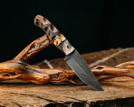 Feather Light- Rams Horn, Black G10 and Copper Pin Striping, Yellow Dino Bone Tru-stone Split, Desert Ironwood, Mosaic Pins, Copper Lanyard Pin, Textured Grip
