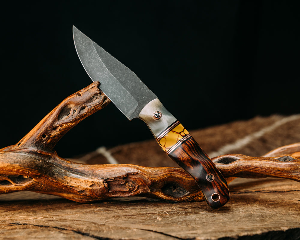 Feather Light- Rams Horn, Black G10 and Copper Pin Striping, Yellow Dino Bone Tru-stone Split, Desert Ironwood, Mosaic Pins, Copper Lanyard Pin, Textured Grip