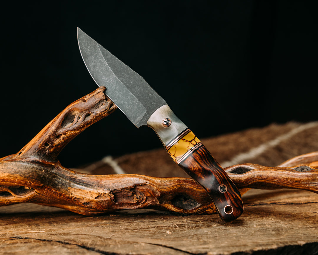 Feather Light- Rams Horn, Black G10 and Copper Pin Striping, Yellow Dino Bone Tru-stone Split, Desert Ironwood, Mosaic Pins, Copper Lanyard Pin, Textured Grip