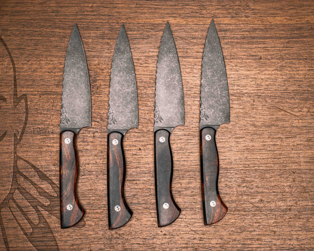 Steak Knife set (4 piece)- Desert Ironwood, Cherry and Coyote G10 Liner, Patriot Mosaic Pins, Smooth Grip