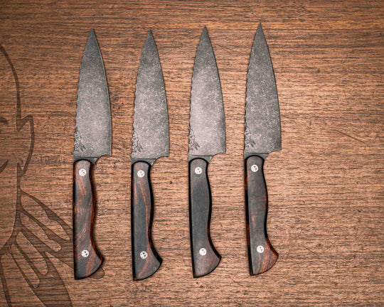 Steak Knife set (4 piece)- Desert Ironwood, Cherry and Coyote G10 Liner, Patriot Mosaic Pins, Smooth Grip