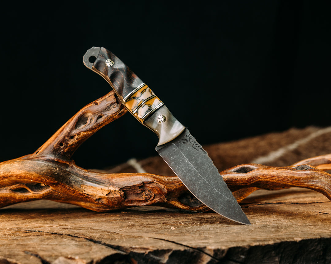 Feather Light- Rams Horn, Black G10 and Copper Pin Striping, Leopard Skin Jasper Tru-stone Split, Desert Ironwood, Mosaic Pins, Textured Grip
