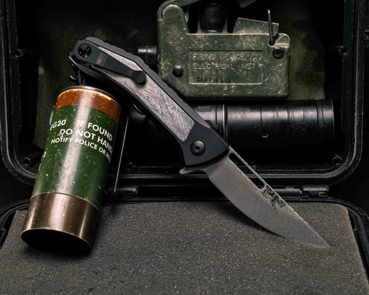 Custom Kwaiken Folder- Vegas Forge Herringbone Damascus- Meteorite Inlay- Anodized Black Handle, Smooth Grip, Deep Carry Pocket Clip
