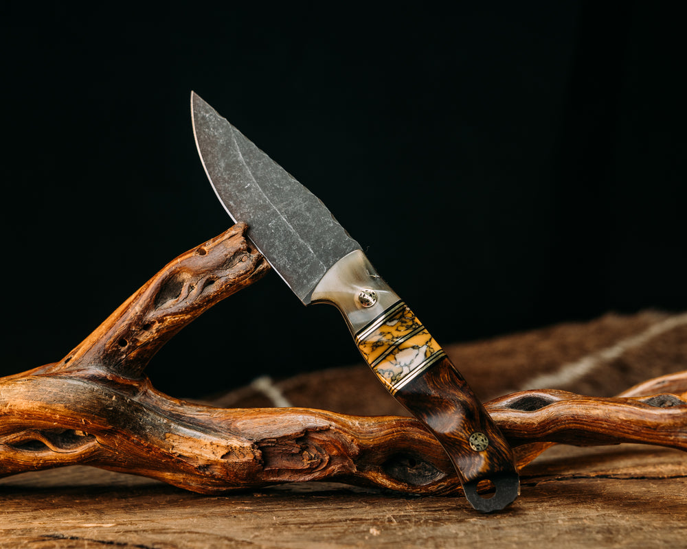 Feather Light- Rams Horn, Black G10 and Copper Pin Striping, Leopard Skin Jasper Tru-stone Split, Desert Ironwood, Mosaic Pins, Textured Grip