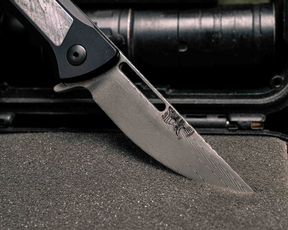 Custom Kwaiken Folder- Vegas Forge Herringbone Damascus- Meteorite Inlay- Anodized Black Handle, Smooth Grip, Deep Carry Pocket Clip
