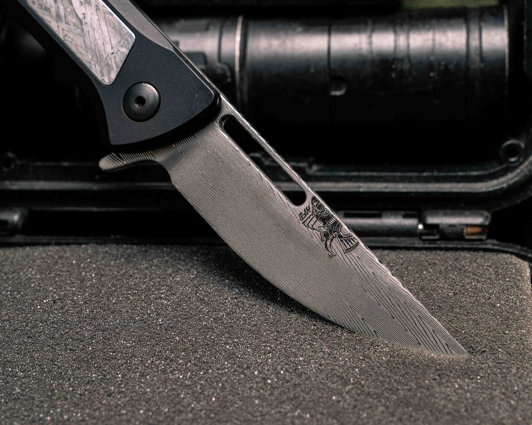 Custom Kwaiken Folder- Vegas Forge Herringbone Damascus- Meteorite Inlay- Anodized Black Handle, Smooth Grip, Deep Carry Pocket Clip