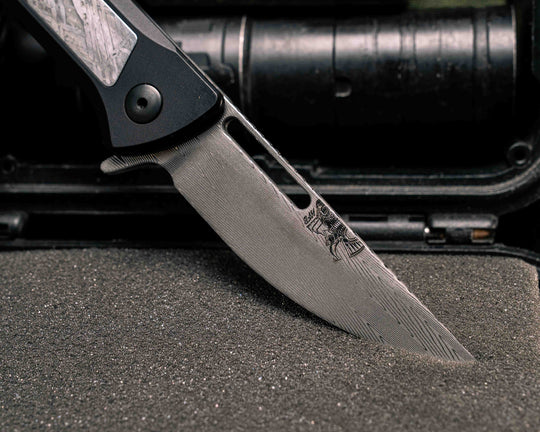 Custom Kwaiken Folder- Vegas Forge Herringbone Damascus- Meteorite Inlay- Anodized Black Handle, Smooth Grip, Deep Carry Pocket Clip